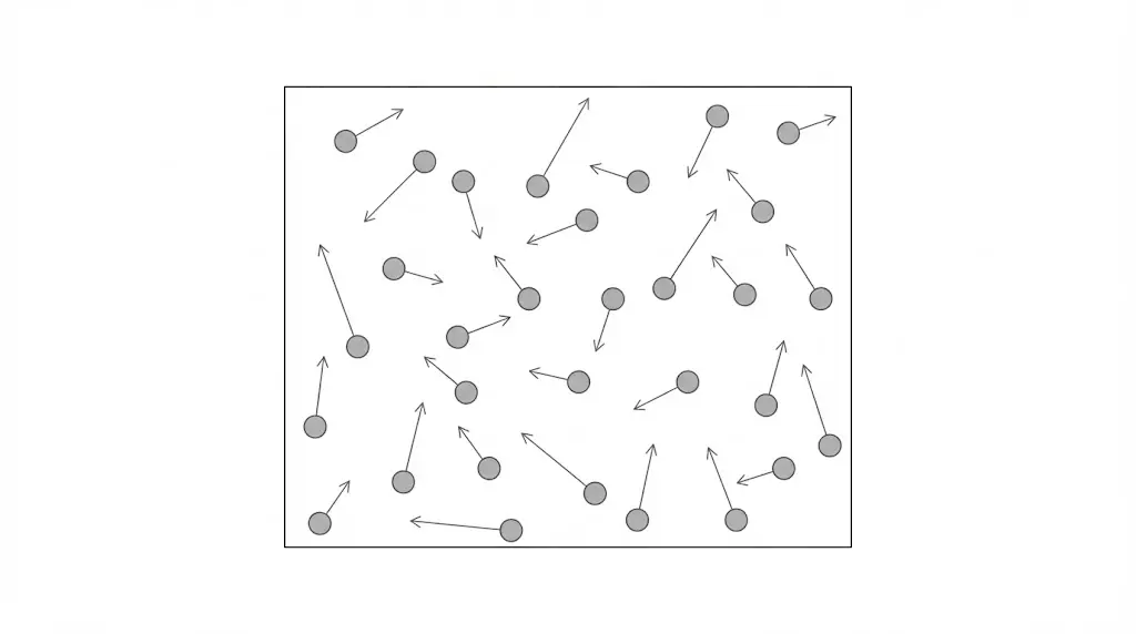 Microscopic view of gas molecules moving randomly inside a container
