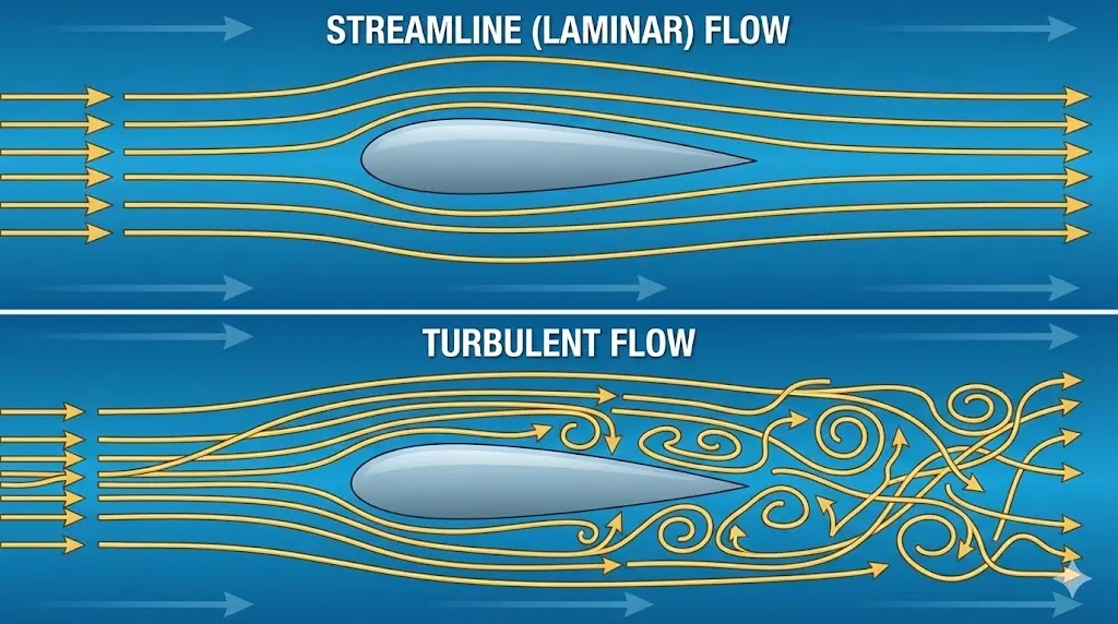 Comparison of orderly streamline flow and chaotic turbulent flow.