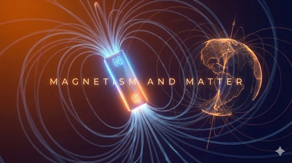 Magnetism-Matter. 3D visualization of a bar magnet's field lines and Earth's magnetic field.