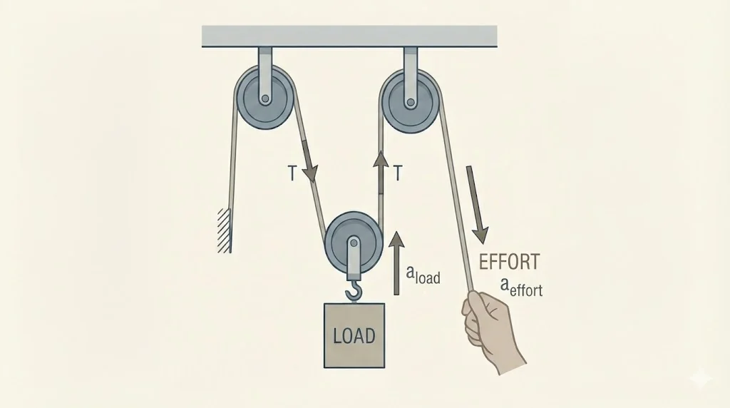 Movable pulley system showing multiple string segments