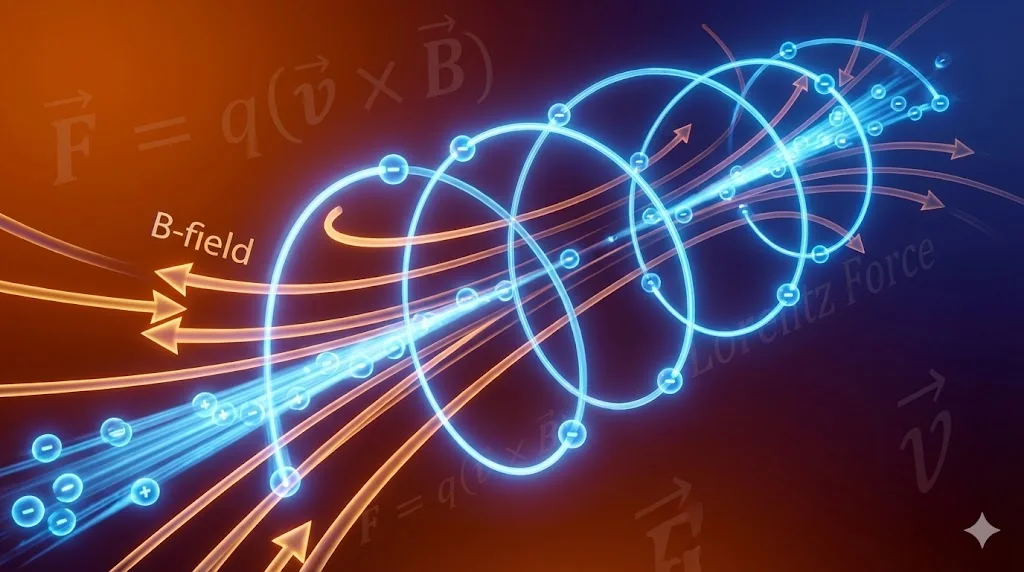 3D illustration of charged particles spiraling in a magnetic field.