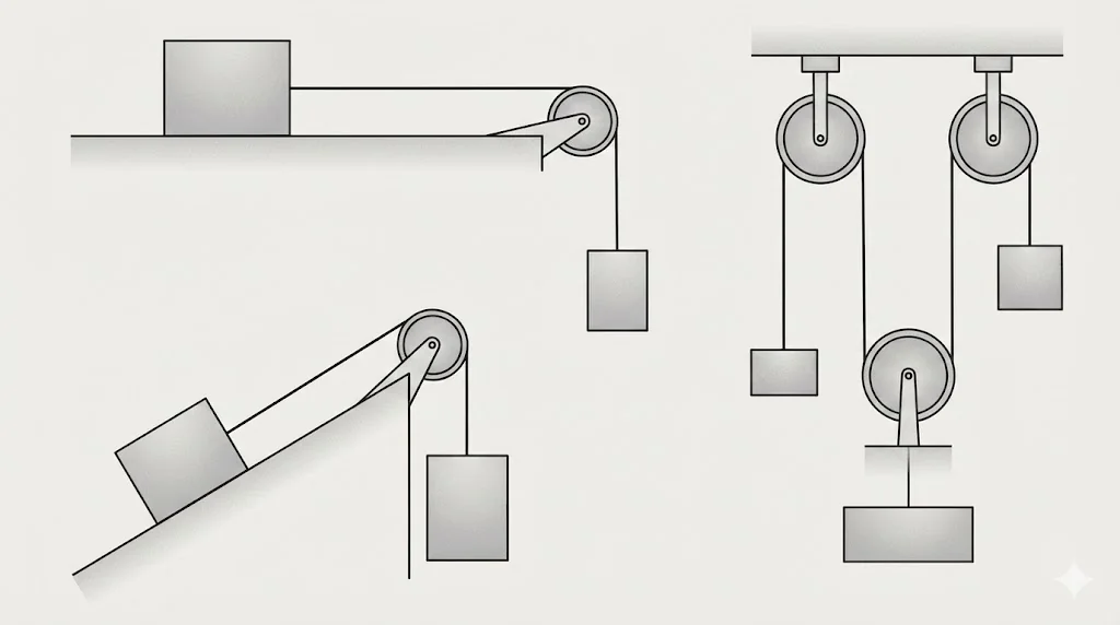 Multiple blocks connected by strings and pulleys forming a multi-body system