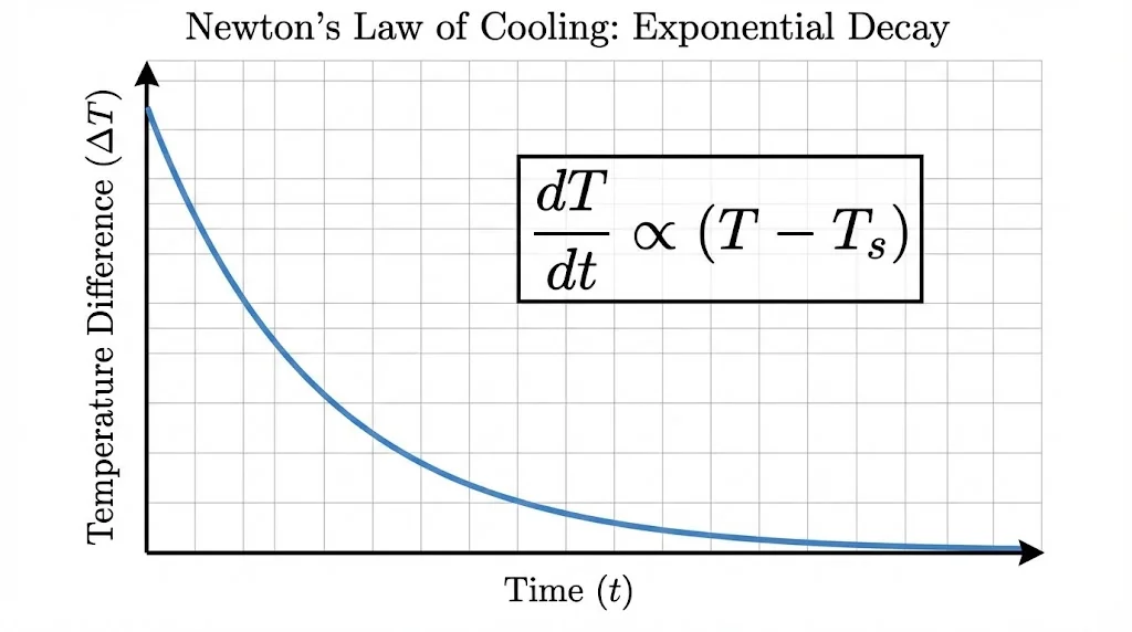 Exponential cooling curve showing temperature drop over time.