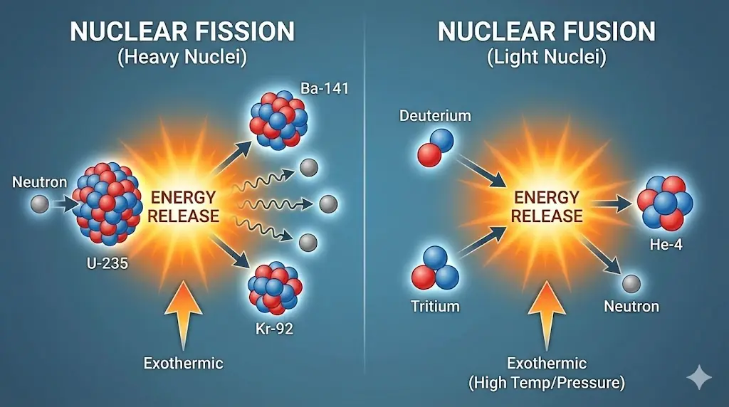 Nuclear fission and fusion comparison