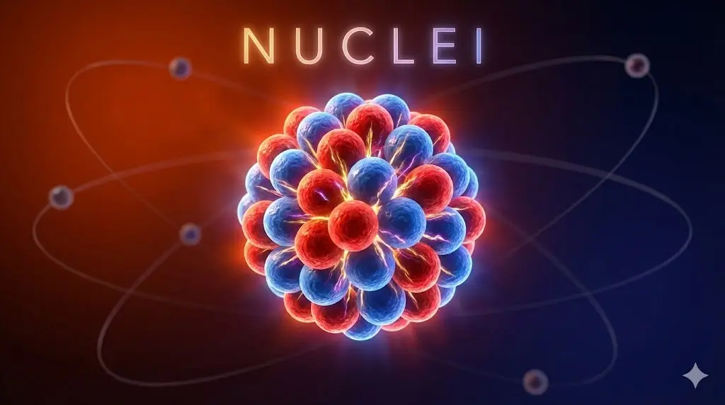 Nuclei. 3D visualization of an atomic nucleus with protons and neutrons.