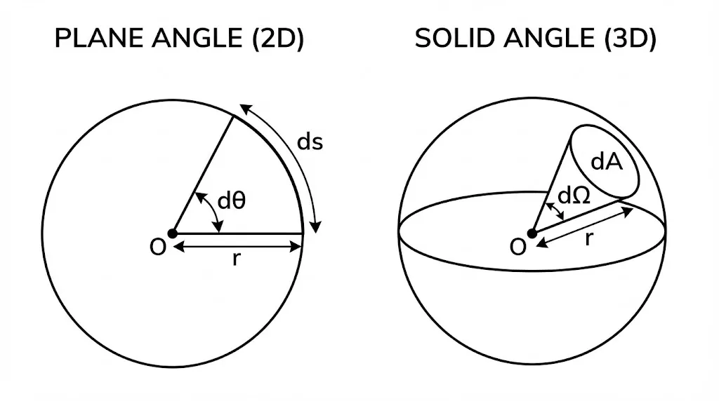 Diagram comparing 2D plane angle (radian) and 3D solid angle (steradian) geometries.
