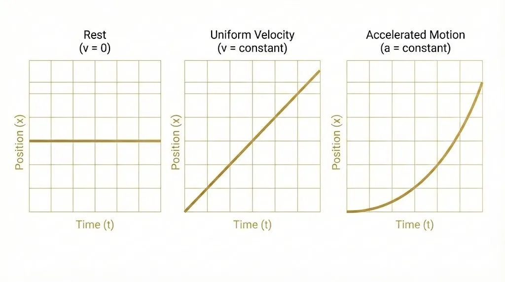 x-t graphs showing stationary, uniform motion, and accelerated motion.