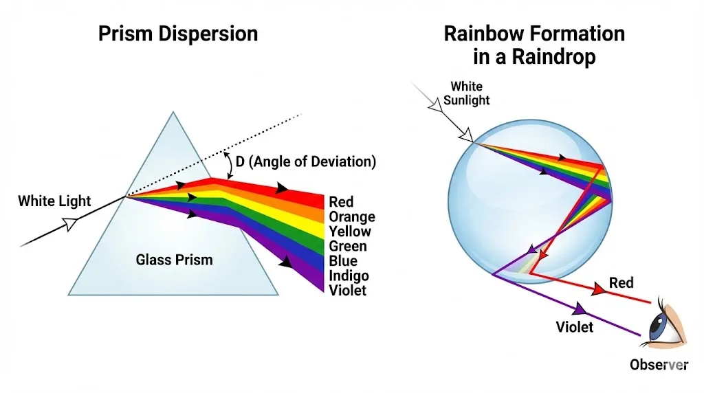 Dispersion of white light through a prism and formation of a rainbow.