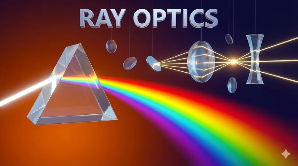 Ray optics class 12. 3D illustration of light refraction through a prism and lenses.
