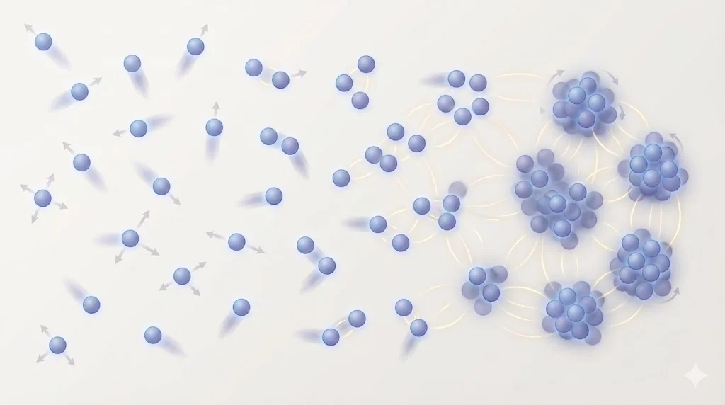 Gas molecules clustering due to intermolecular attraction leading to liquefaction