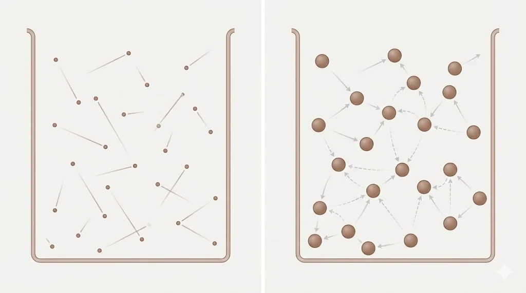 Comparison between ideal gas and real gas molecular behavior
