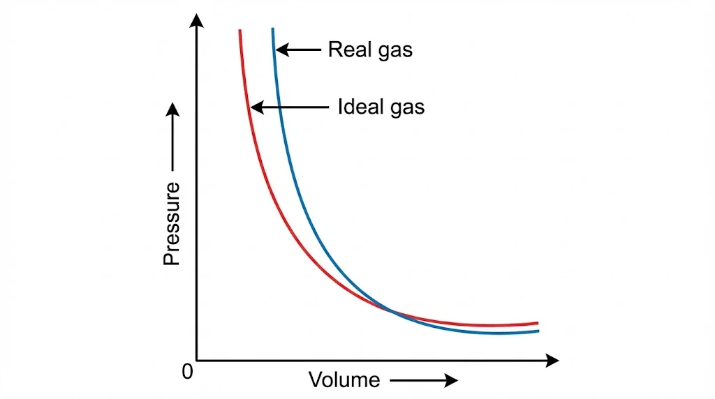 Deviation of real gas pressure volume curve from ideal gas behavior