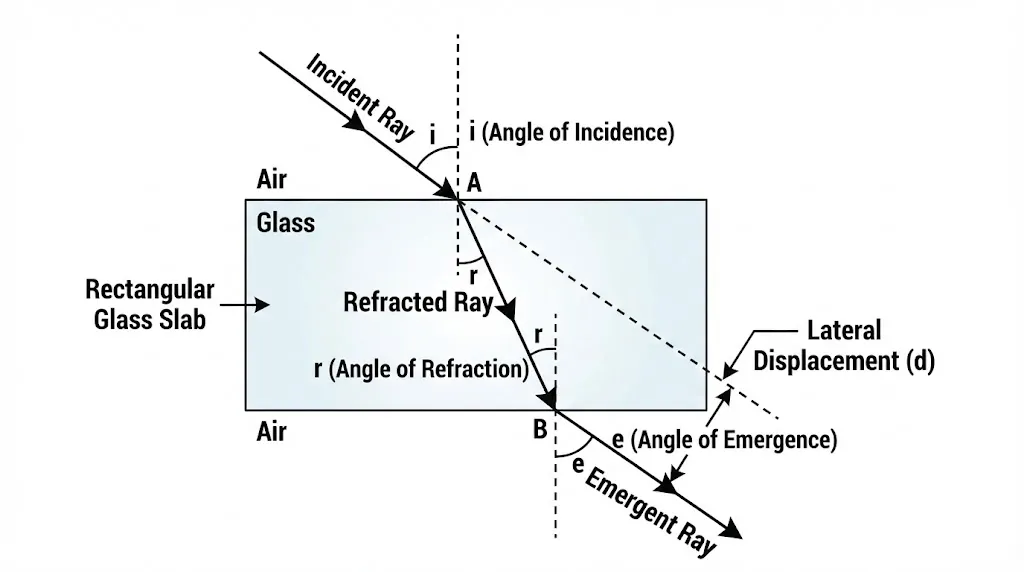 Ray diagram of refraction through a glass slab showing lateral displacement.