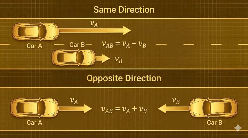 Illustration of relative velocity for objects moving in parallel and anti-parallel directions.