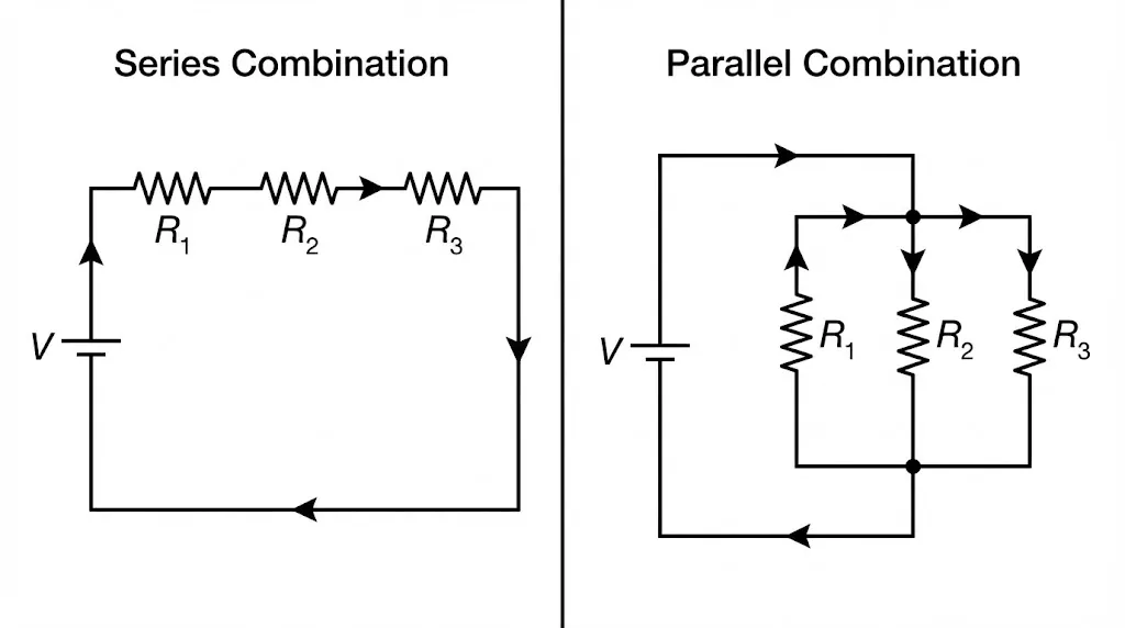 Comparison of Series and Parallel combinations of resistors.