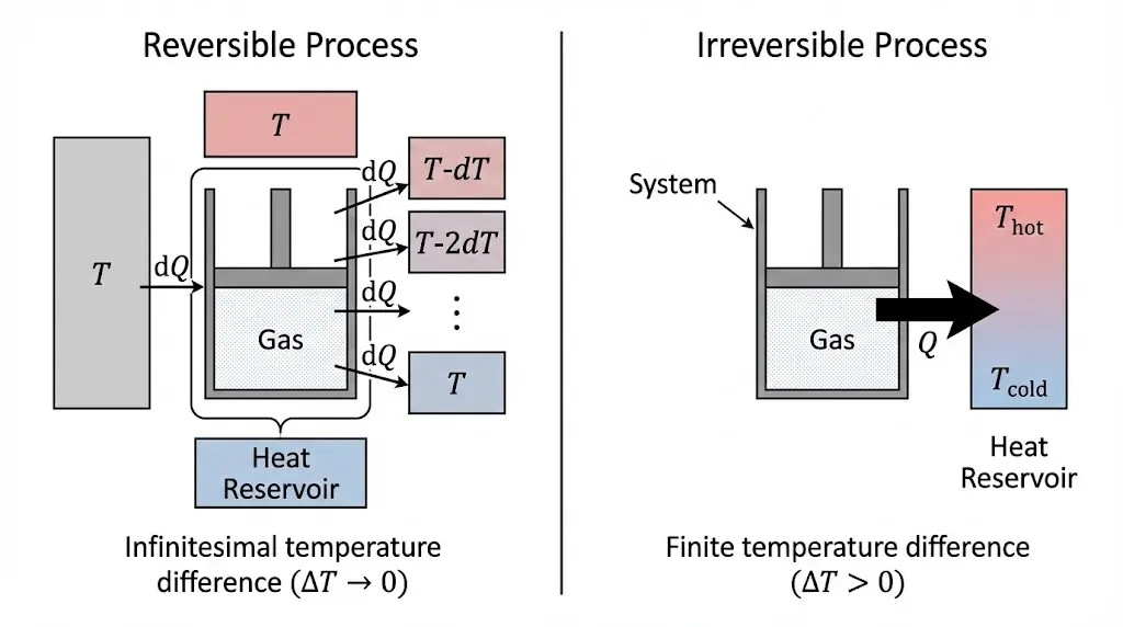 Comparison of reversible and irreversible thermodynamic processes