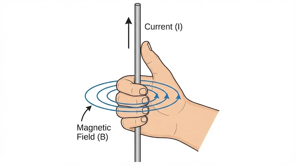 Right-Hand Thumb Rule showing direction of current and magnetic field.