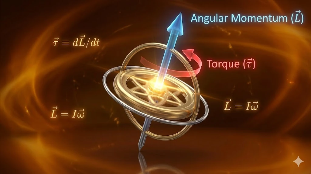 Spinning gyroscope illustrating angular momentum and torque.
