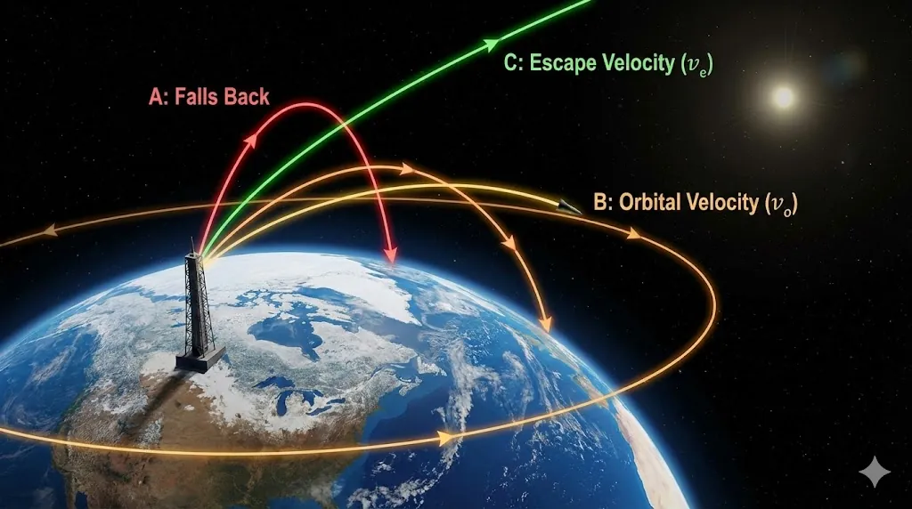 Comparison of projectile paths: falling, orbiting, and escaping.