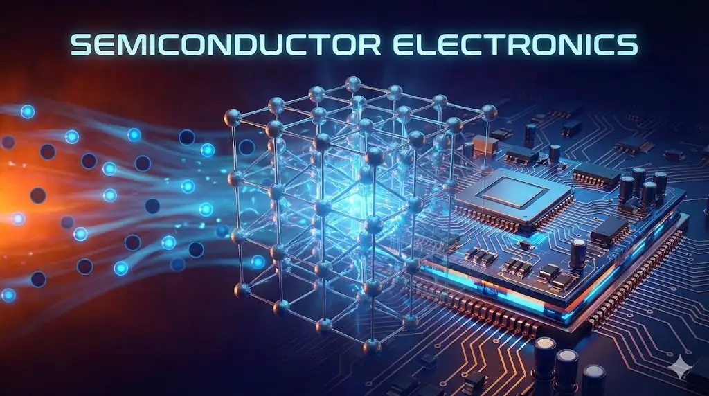 Semiconductors electronics class 12 notes. 3D illustration of silicon lattice and microchip circuits.