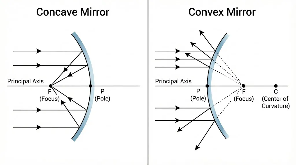 Diagram showing Pole, Focus, and Center of Curvature for Concave and Convex mirrors.
