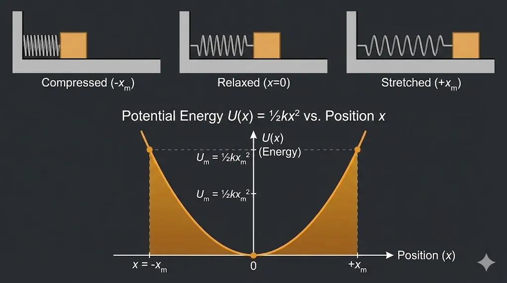 Spring system and its corresponding parabolic potential energy curve.