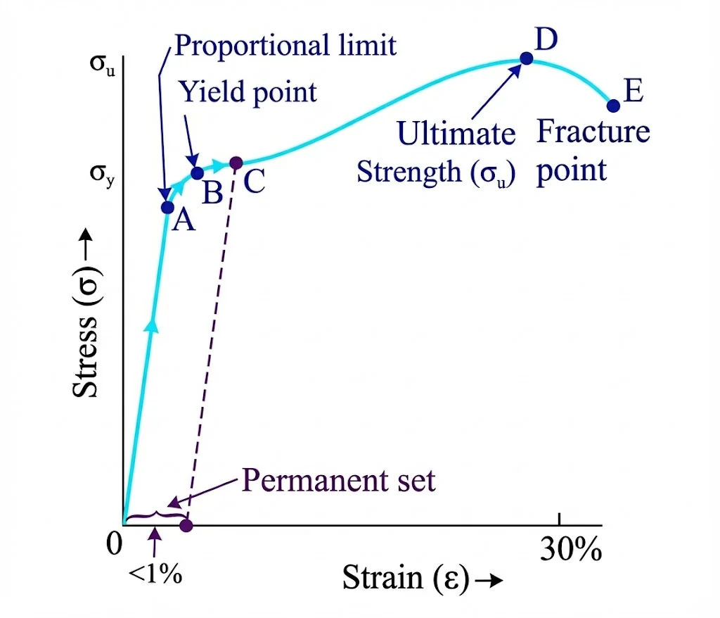 Typical Stress-Strain curve for mild steel showing elastic and plastic regions.