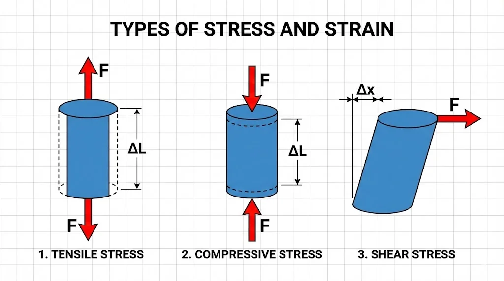 Visual comparison of Tensile, Compressive, and Shearing stress and strain.