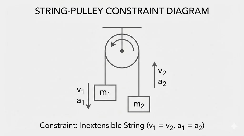 Two masses connected by an inextensible string over a pulley