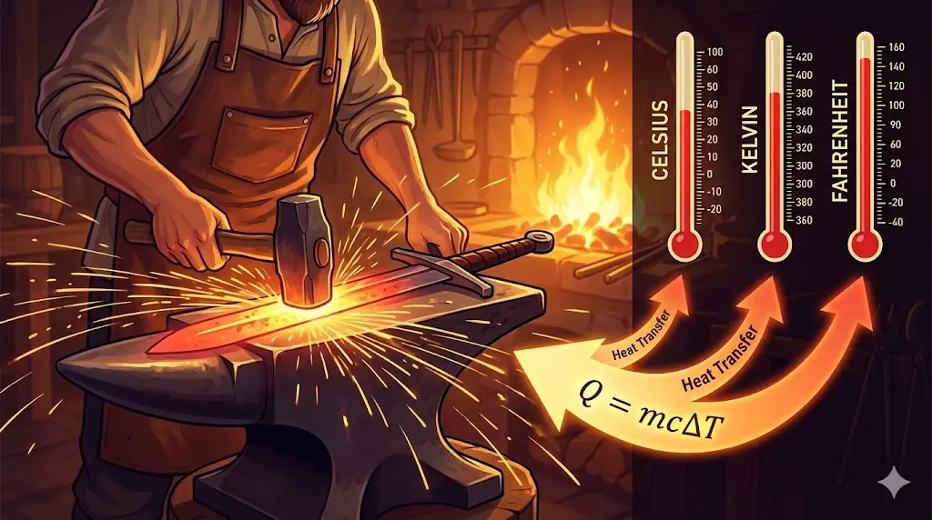 Blacksmith forging iron, illustrating heat transfer and high temperature physics.