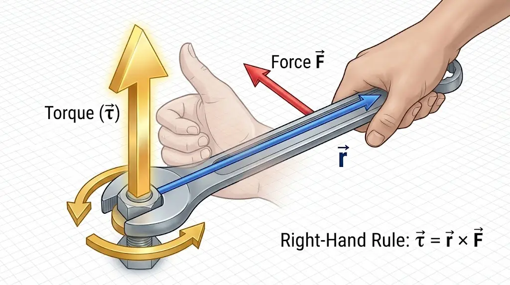 Diagram showing the cross product relationship between Radius, Force, and Torque.
