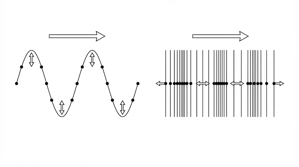 Diagram comparing particle motion in Transverse vs Longitudinal waves.