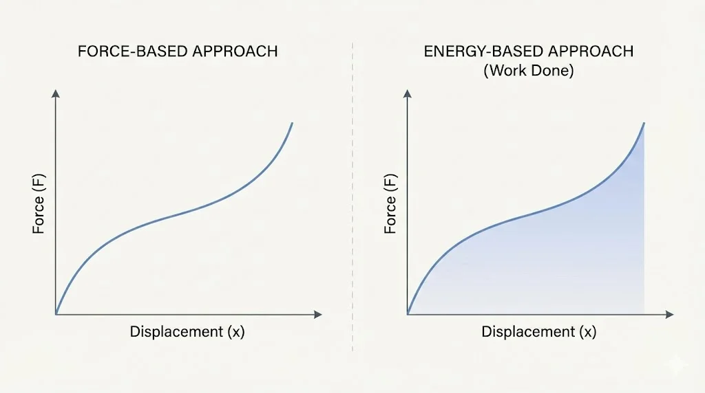 Energy conversion diagram showing work transforming into kinetic energy under variable force