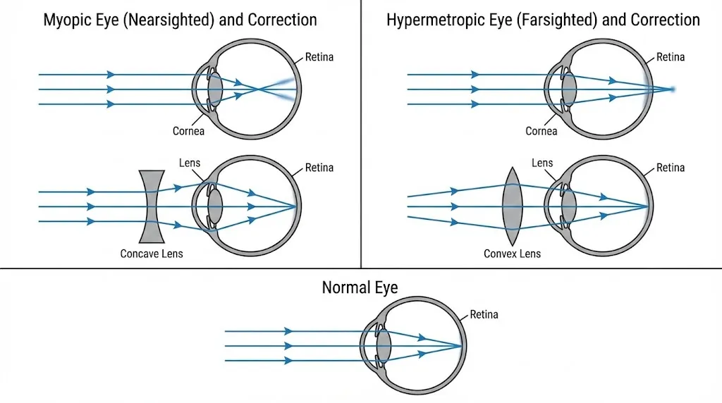 Ray diagrams showing Myopia, Hypermetropia, and their correction with lenses.