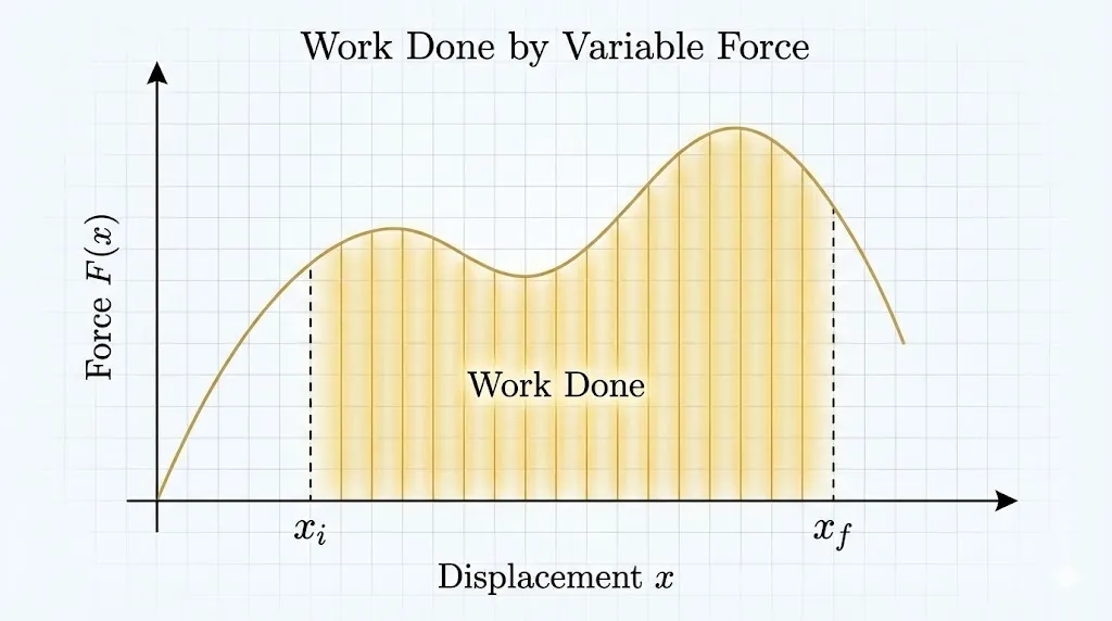 Force-Displacement graph showing work done as area under the curve.