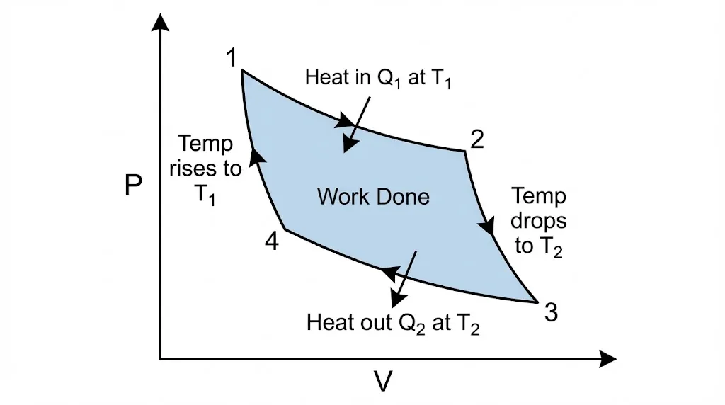 P-V diagram of the Carnot Cycle showing the four reversible steps.