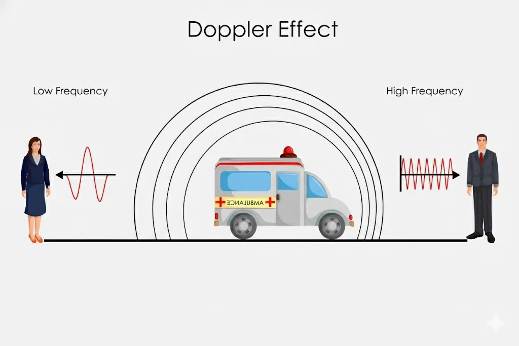 Illustration of Doppler Effect showing frequency change due to source motion.