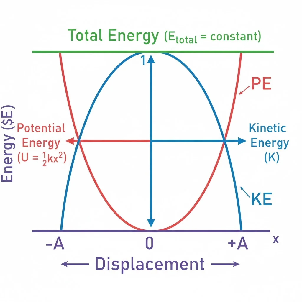 Graph of Kinetic, Potential, and Total Energy vs Displacement for SHM.