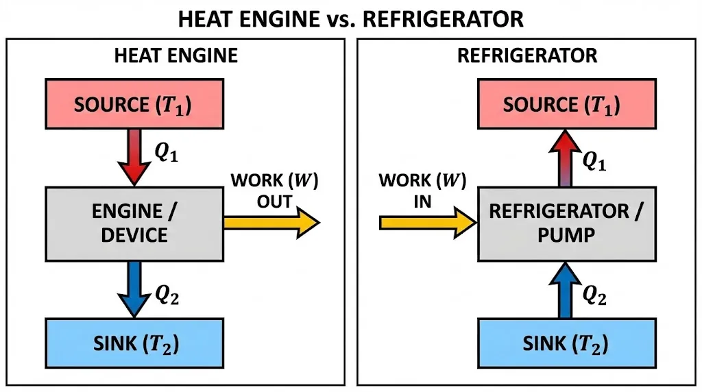 Schematic comparison of energy flow in a Heat Engine and a Refrigerator.