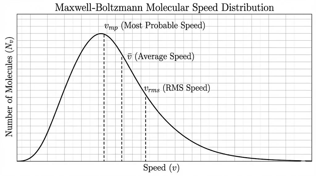 Maxwell-Boltzmann speed distribution graph showing most probable, average, and rms speeds.