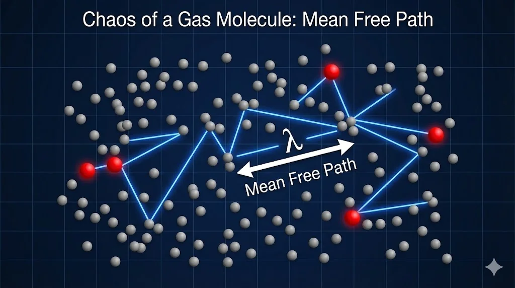 Illustration of the zig-zag path of a gas molecule between collisions.