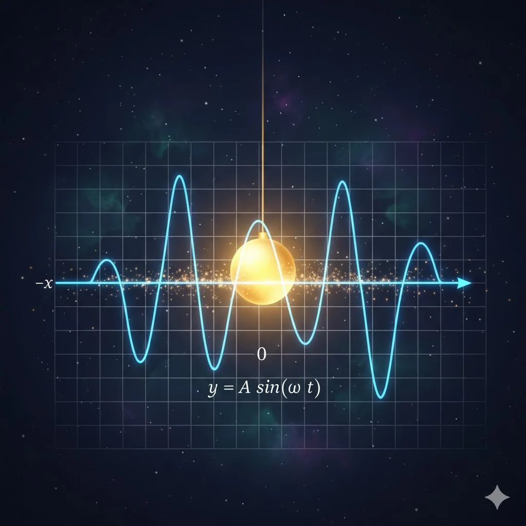 Artistic representation of a pendulum swinging in Simple Harmonic Motion.