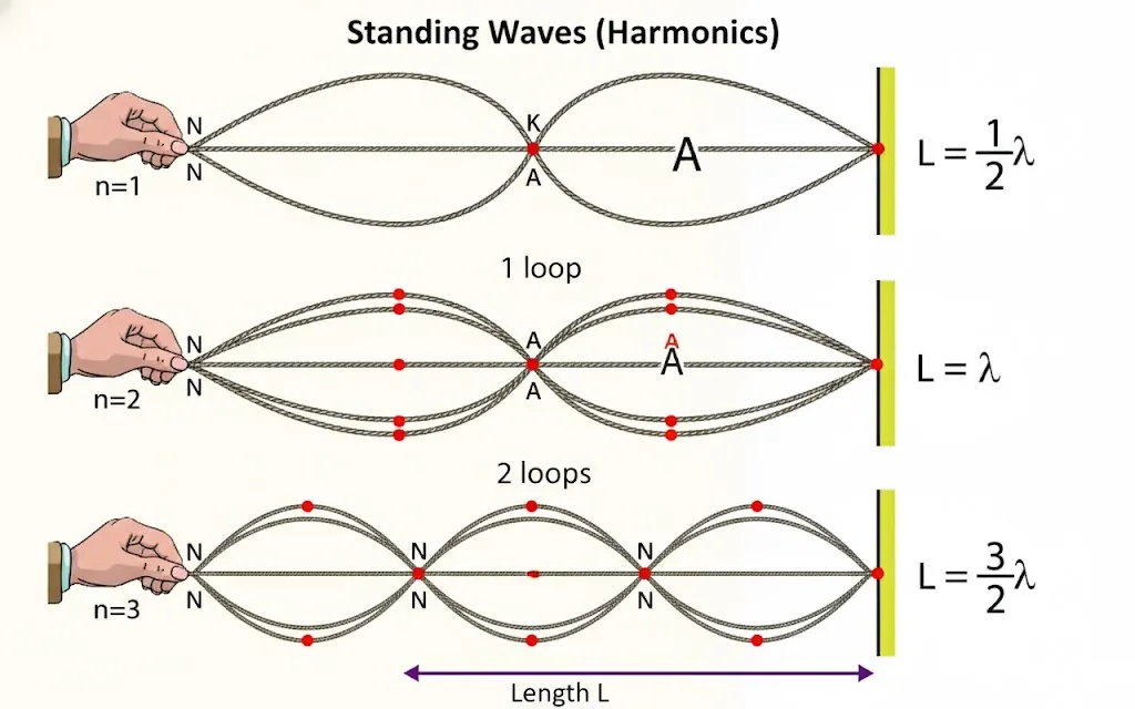 Diagram of standing waves showing Nodes and Antinodes for first three harmonics.