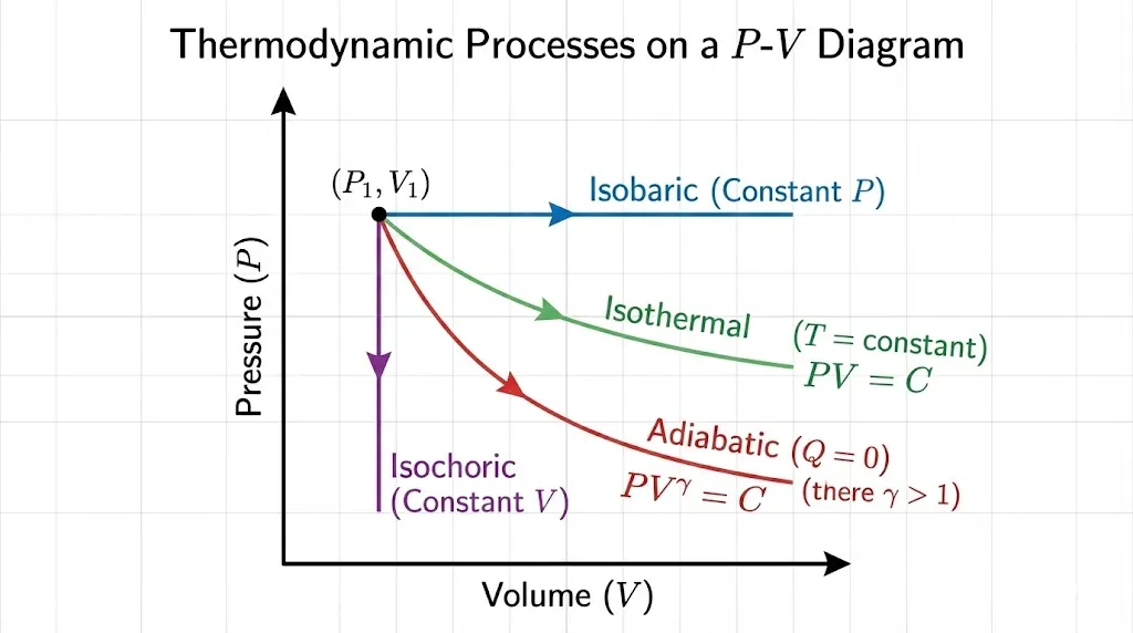 P-V diagrams for Isobaric, Isochoric, Isothermal, and Adiabatic processes.