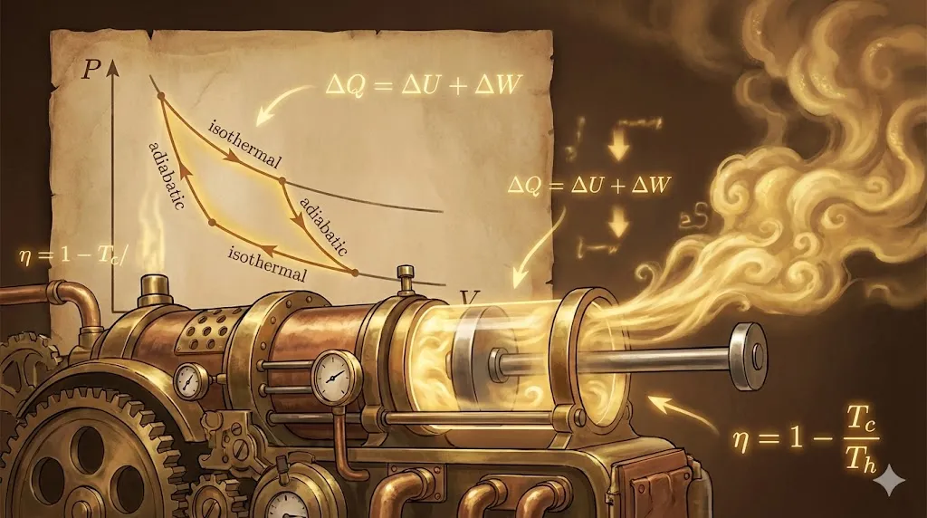 Steampunk heat engine illustrating the conversion of heat into work.