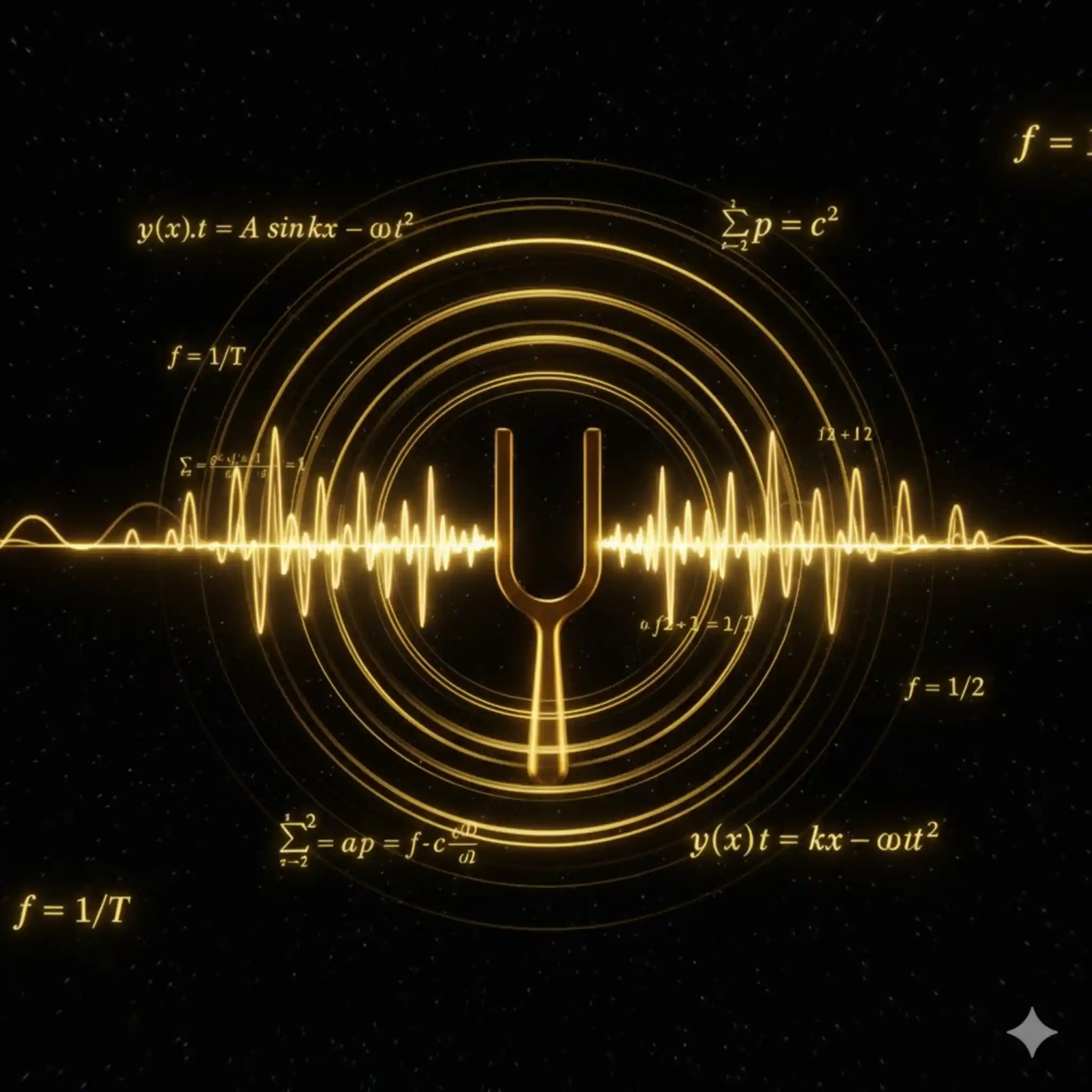 Artistic representation of sound wave propagation and wave equation.