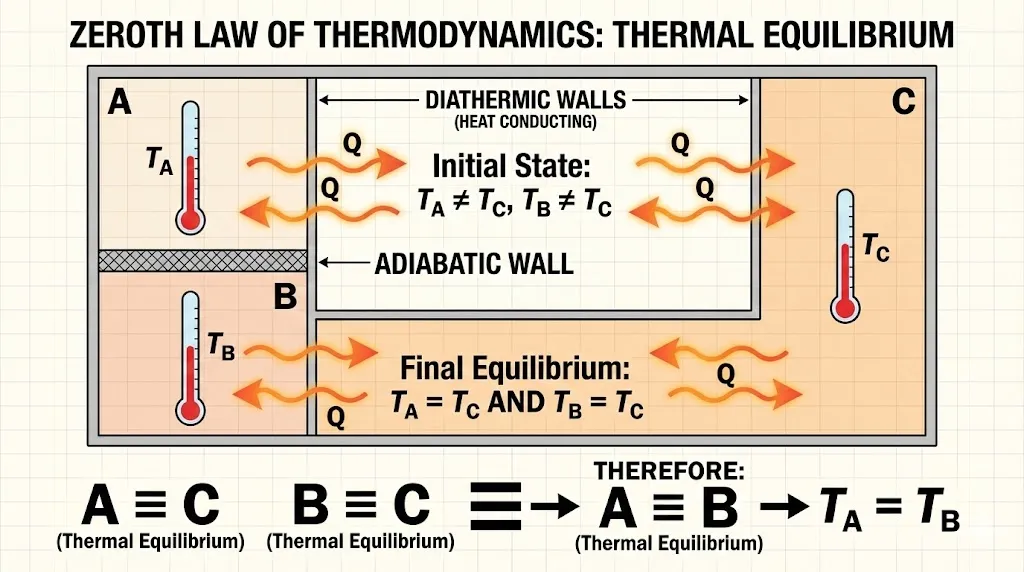 Diagram demonstrating the Zeroth Law of Thermodynamics using three systems.